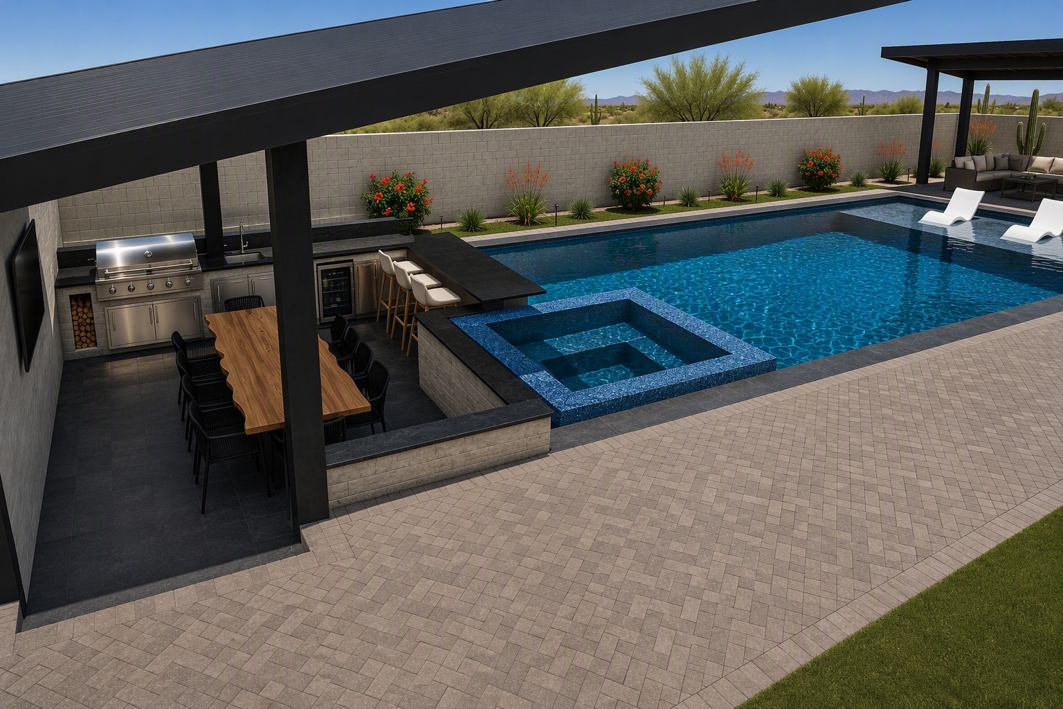 Complete outdoor living pool kitchen pergola